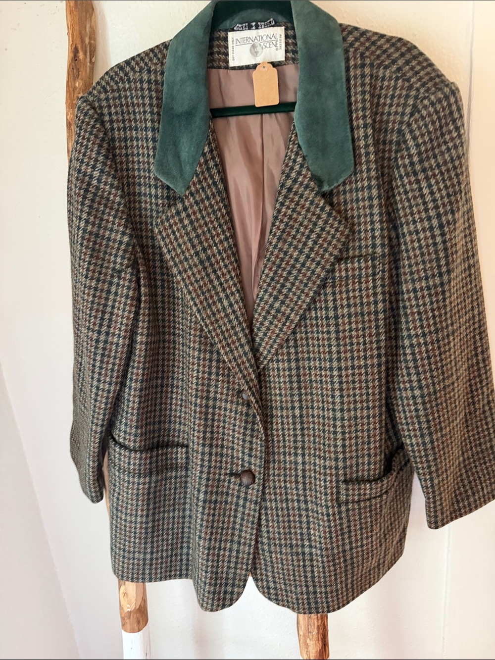 International Scene Women's Green Fall Houndstooth Wool Blazer Suede Collar XL